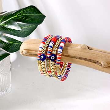 Colorful Beaded Stretch Bracelets Set for Women Smile Blue Evil Eye Polymer Summer Beach Jewelry Gifts For Bestfriends, Couple, Family Members, Siblings, Sister, Lover