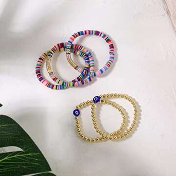 Colorful Beaded Stretch Bracelets Set for Women Smile Blue Evil Eye Polymer Summer Beach Jewelry Gifts For Bestfriends, Couple, Family Members, Siblings, Sister, Lover