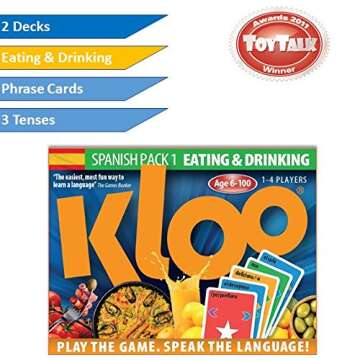 KLOO Learn Spanish Card Game | 'Food & Drink' Vocabulary | Fun for Family Kids Adults School | Speak 100's Words in a Flash | Thousands of Sentences | Juegos de Cartas en Español | 1–4 Players