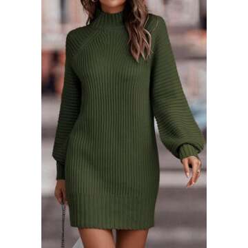 LILLUSORY Women's Mock Turtleneck Sweater Dress Trendy Pullover Puff Sleeve Fall Dress Knit Winter Outfits Dark Green