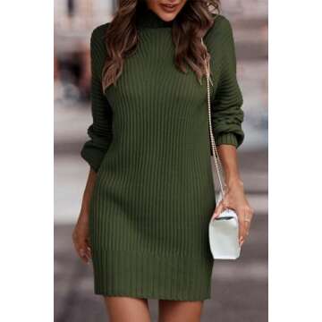 LILLUSORY Women's Mock Turtleneck Sweater Dress Trendy Pullover Puff Sleeve Fall Dress Knit Winter Outfits Dark Green