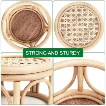 Set of 2 Small Boho Rattan Wicker Round Riser Plant Stand Indoor,Rustic Farmhouse Natural Wooden Circle Pedestal for Decor & Display, Tabletop, Office Decor