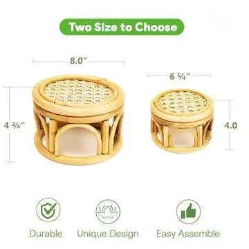 Set of 2 Small Boho Rattan Wicker Round Riser Plant Stand Indoor,Rustic Farmhouse Natural Wooden Circle Pedestal for Decor & Display, Tabletop, Office Decor