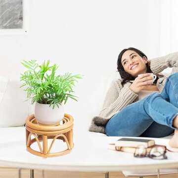 Set of 2 Small Boho Rattan Wicker Round Riser Plant Stand Indoor,Rustic Farmhouse Natural Wooden Circle Pedestal for Decor & Display, Tabletop, Office Decor