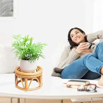 Set of 2 Small Boho Rattan Wicker Round Riser Plant Stand Indoor,Rustic Farmhouse Natural Wooden Circle Pedestal for Decor & Display, Tabletop, Office Decor