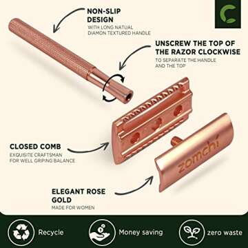 ZOMCHI Safety Razor for Men&Women with 5 Double Edge Safety Razor Blades, Double Edge Razor, Reusable Razor, Plastic Free – Rose Gold