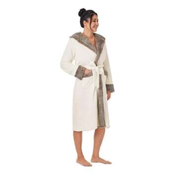 Member's Mark Women's Hooded Plush Robe with Faux Fur Accents (Ivory, L/XL)