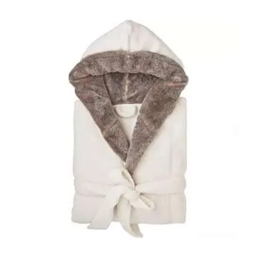 Member's Mark Women's Hooded Plush Robe with Faux Fur Accents (Ivory, L/XL)