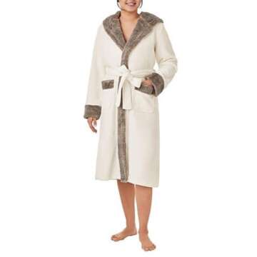 Member's Mark Women's Hooded Plush Robe with Faux Fur Accents (Ivory, L/XL)