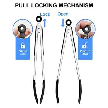 Bnlcd Kitchen Tongs, Premium Stainless Steel Locking Cooking Tongs with Silicone Tips, Non-Slip Food Tongs for Cooking, Heavy Duty, Non-Stick, 480℉, Set of 3-7" 9" and 12" Black