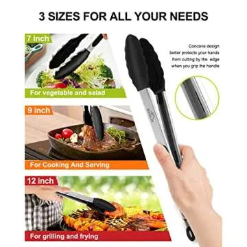 Bnlcd Kitchen Tongs, Premium Stainless Steel Locking Cooking Tongs with Silicone Tips, Non-Slip Food Tongs for Cooking, Heavy Duty, Non-Stick, 480℉, Set of 3-7" 9" and 12" Black