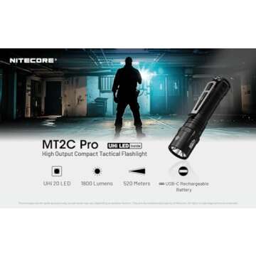 Nitecore MT2C Pro 1800 Lumen EDC Flashlight, USB-C Rechargeable, High Efficient LED, Long Runtime, L...