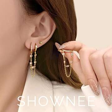 Shownee Tassel Chain Small Gold Hoop Dangle Earring For Women Huggie Earring Heart Star CZ 14K Gold ...