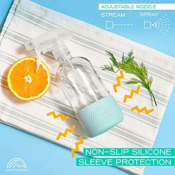 SAVVY PLANET - Glass Spray Bottles for Cleaning, Silicone Sleeve Bottom for Protection, Reusable Glass Spray Bottles 16 Oz With Adjustable Nozzle Settings (2 Pack)