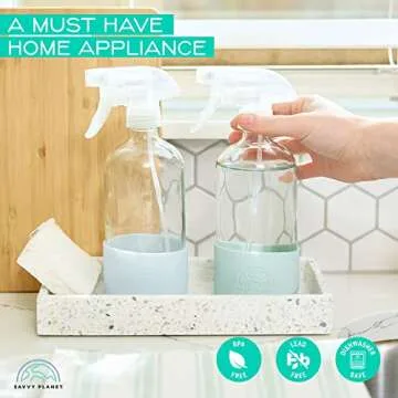 SAVVY PLANET - Glass Spray Bottles for Cleaning, Silicone Sleeve Bottom for Protection, Reusable Glass Spray Bottles 16 Oz With Adjustable Nozzle Settings (2 Pack)