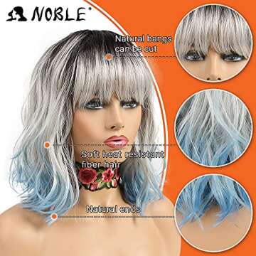 NOBLE Blue Wig with Bangs 12 Inches Short Bob Curly Wig Blue Wigs for Women Colorful Wavy Bob Wigs w...