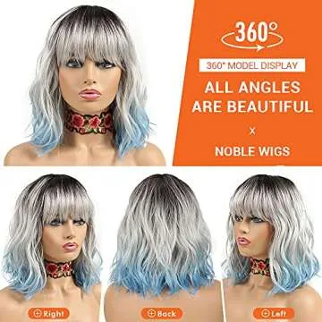 NOBLE Blue Wig with Bangs 12 Inches Short Bob Curly Wig Blue Wigs for Women Colorful Wavy Bob Wigs with Air Bangs Heat Resistant Synthetic Silver Blue Halloween Wigs for Cosplay Party