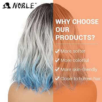 NOBLE Blue Wig with Bangs 12 Inches Short Bob Curly Wig Blue Wigs for Women Colorful Wavy Bob Wigs with Air Bangs Heat Resistant Synthetic Silver Blue Halloween Wigs for Cosplay Party