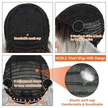 NOBLE Blue Wig with Bangs 12 Inches Short Bob Curly Wig Blue Wigs for Women Colorful Wavy Bob Wigs with Air Bangs Heat Resistant Synthetic Silver Blue Halloween Wigs for Cosplay Party