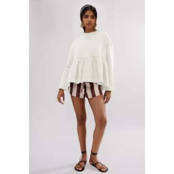 MISSACTIVER Women's Cute Ruffle Hem Babydoll Sweatshirt Crew Neck Long Sleeve Drop Shoulder Trendy Flowy Peplum Pullover Tops White