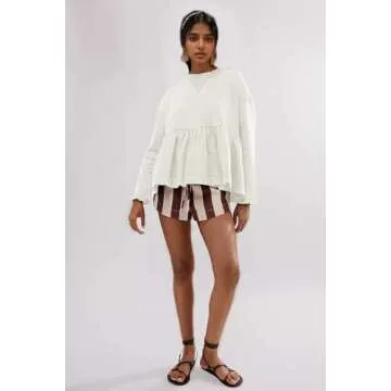 MISSACTIVER Women's Cute Ruffle Hem Babydoll Sweatshirt Crew Neck Long Sleeve Drop Shoulder Trendy Flowy Peplum Pullover Tops White