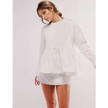 MISSACTIVER Women's Cute Ruffle Hem Babydoll Sweatshirt Crew Neck Long Sleeve Drop Shoulder Trendy Flowy Peplum Pullover Tops White