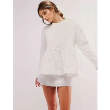 MISSACTIVER Women's Cute Ruffle Hem Babydoll Sweatshirt Crew Neck Long Sleeve Drop Shoulder Trendy Flowy Peplum Pullover Tops White