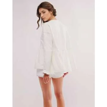 MISSACTIVER Women's Cute Ruffle Hem Babydoll Sweatshirt Crew Neck Long Sleeve Drop Shoulder Trendy Flowy Peplum Pullover Tops White