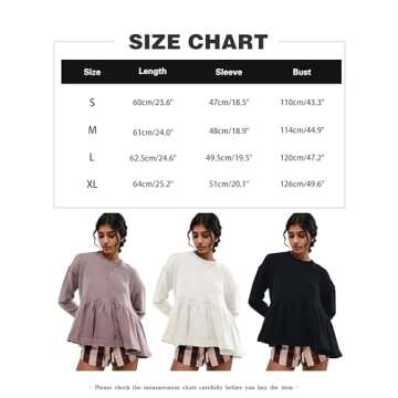 MISSACTIVER Women's Cute Ruffle Hem Babydoll Sweatshirt Crew Neck Long Sleeve Drop Shoulder Trendy Flowy Peplum Pullover Tops White