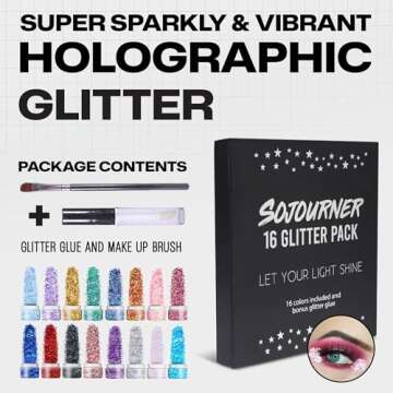 Chunky Holographic Body Glitter I 16 Colors + Glitter Glue for Face Glitter Makeup, Hair, Eye & Fine Glitter Eyeshadow - Perfect for Halloween, Slime, Resin, Tumblers, Craft, Cosmetic & Nail Art