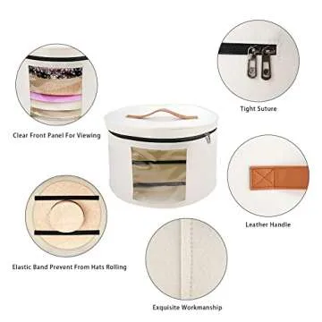 VanlonPro Large Hat Storage Box for Women & Men, 16" D x 10" H Hat Box Organizer，Foldable Round Travel Hat Boxes with Dustproof Lid, Stuffed Toy Storage Bin Bag (Off-white)