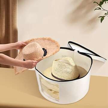 VanlonPro Large Hat Storage Box for Women & Men, 16" D x 10" H Hat Box Organizer，Foldable Round Travel Hat Boxes with Dustproof Lid, Stuffed Toy Storage Bin Bag (Off-white)