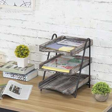 MyGift 3 Tier Rustic Torched Wood Letter Tray Desktop Organizer with Black Metal Stand, Office Desk Paper Document Sorter, Wooden Upright Filing Folder Rack