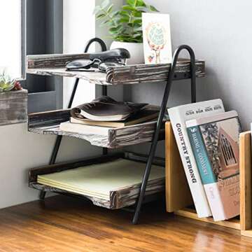 MyGift 3 Tier Rustic Torched Wood Letter Tray Desktop Organizer with Black Metal Stand, Office Desk Paper Document Sorter, Wooden Upright Filing Folder Rack