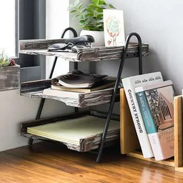 MyGift 3 Tier Rustic Torched Wood Letter Tray Desktop Organizer with Black Metal Stand, Office Desk Paper Document Sorter, Wooden Upright Filing Folder Rack