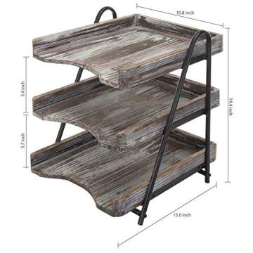 MyGift 3 Tier Rustic Torched Wood Letter Tray Desktop Organizer with Black Metal Stand, Office Desk Paper Document Sorter, Wooden Upright Filing Folder Rack