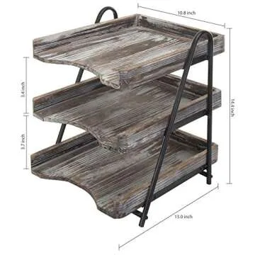 MyGift 3 Tier Rustic Torched Wood Letter Tray Desktop Organizer with Black Metal Stand, Office Desk Paper Document Sorter, Wooden Upright Filing Folder Rack
