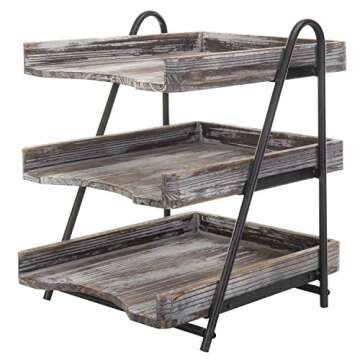 MyGift 3 Tier Rustic Torched Wood Letter Tray Desktop Organizer with Black Metal Stand, Office Desk Paper Document Sorter, Wooden Upright Filing Folder Rack