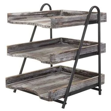 MyGift 3 Tier Rustic Torched Wood Letter Tray Desktop Organizer with Black Metal Stand, Office Desk Paper Document Sorter, Wooden Upright Filing Folder Rack