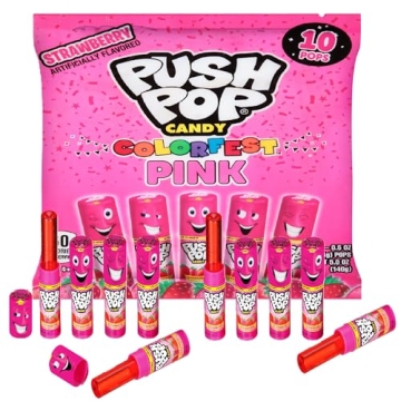 Push Pop Pink Colorfest Holiday Candy Lollipops - 10 Ct Bulk Candy Individually Wrapped in Pink Stra...