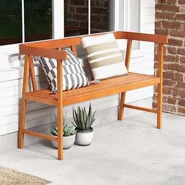HAPPYGRILL Outdoor Wood Bench - 2-Person Patio Seat with Ergonomic Comfort