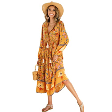 R.Vivimos Women's Long Sleeve Floral Print Retro V Neck Tassel Bohemian Midi Dresses (2XL, Goldenrod...
