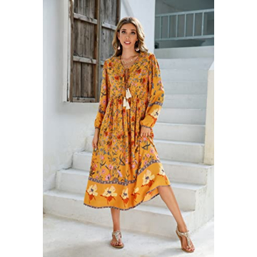 R.Vivimos Women's Long Sleeve Floral Print Retro V Neck Tassel Bohemian Midi Dresses (2XL, Goldenrod)
