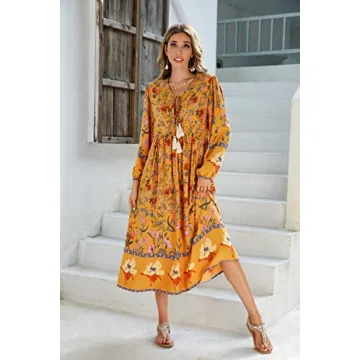 R.Vivimos Women's Long Sleeve Floral Print Retro V Neck Tassel Bohemian Midi Dresses (2XL, Goldenrod)