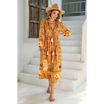R.Vivimos Women's Long Sleeve Floral Print Retro V Neck Tassel Bohemian Midi Dresses (2XL, Goldenrod)