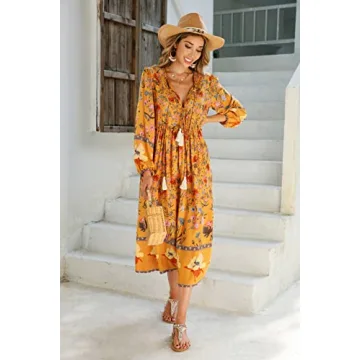 R.Vivimos Women's Long Sleeve Floral Print Retro V Neck Tassel Bohemian Midi Dresses (2XL, Goldenrod)