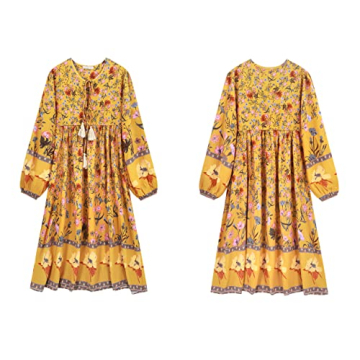 R.Vivimos Women's Long Sleeve Floral Print Retro V Neck Tassel Bohemian Midi Dresses (2XL, Goldenrod)