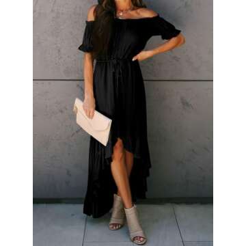 Dokotoo Womens Ladies Summer Sexy Off The Shoulder Casual Short Sleeve Button Down Maxi Midi Long Dress High Low Solid Ruffle Easter Party Dresses Black Medium
