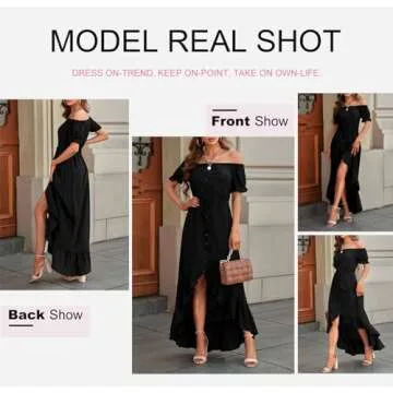 Dokotoo Womens Ladies Summer Sexy Off The Shoulder Casual Short Sleeve Button Down Maxi Midi Long Dress High Low Solid Ruffle Easter Party Dresses Black Medium
