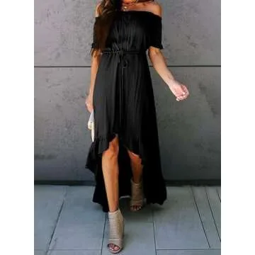 Dokotoo Womens Ladies Summer Sexy Off The Shoulder Casual Short Sleeve Button Down Maxi Midi Long Dress High Low Solid Ruffle Easter Party Dresses Black Medium